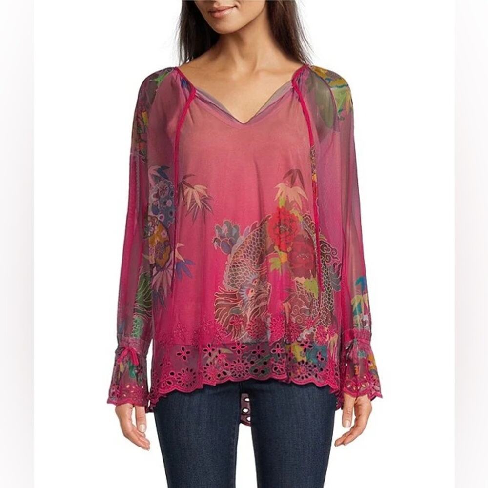 JOHNNY WAS Mazzy Floral Print Contrast Embroidered Mesh V-Neck Blouse XXL - Picture 2 of 5